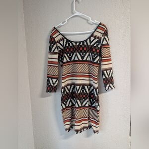 Retro Geometric Bodycon Dress L Boho Festival 70s Vibe Stretchy 3/4 Sleeve Twee